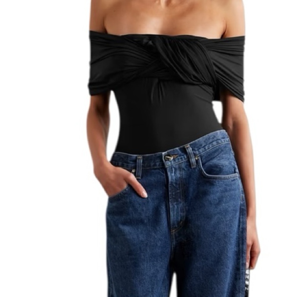 GOLDSIGN The Odette Off the Shoulder Twist Front Ruched Bodysuit
